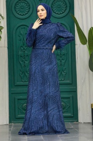 Neva Style - Plus Size Navy Blue Islamic Engagement Gown 2323L - Thumbnail