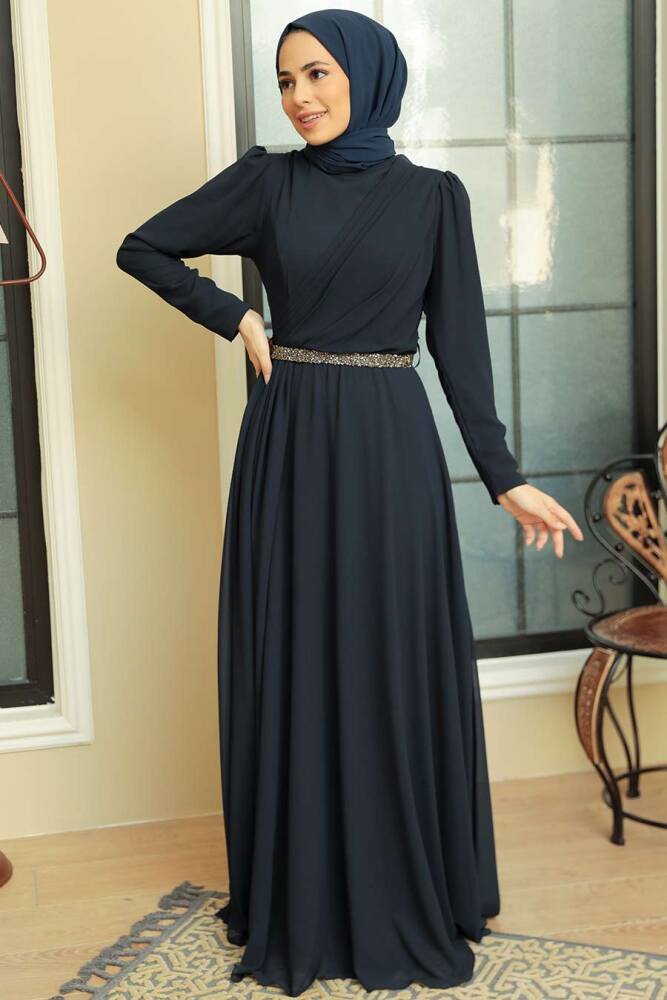 Neva Style - Plus Size Navy Blue Islamic Long Sleeve Dress 5737L - 1