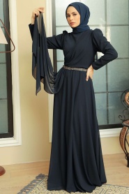 Neva Style - Plus Size Navy Blue Islamic Long Sleeve Dress 5737L - Thumbnail