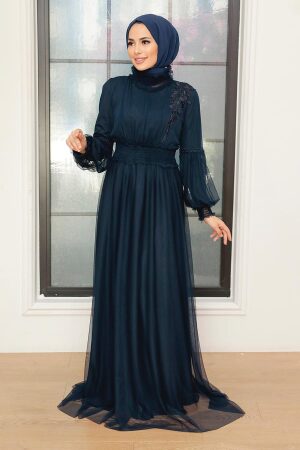Neva Style - Plus Size Navy Blue Modest Islamic Clothing Prom Dress 56520L - 1