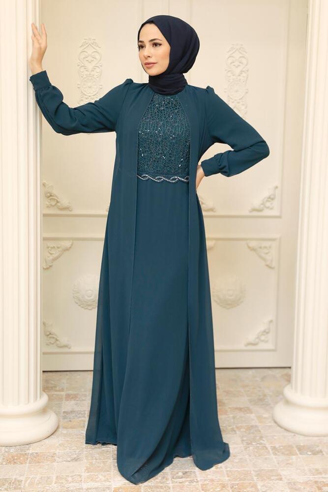 Neva Style - Plus Size Petrol Blue Muslim Dress 25842PM - 2
