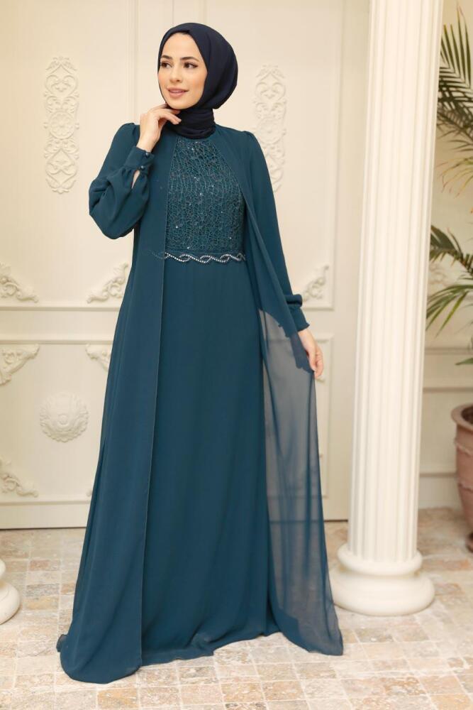 Neva Style - Plus Size Petrol Blue Muslim Dress 25842PM - 3