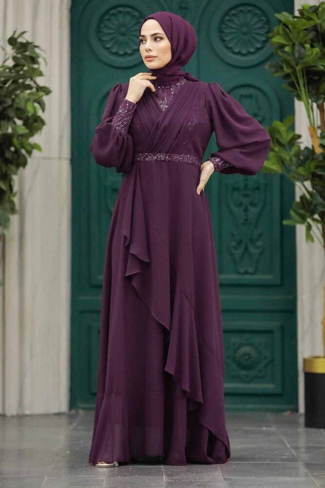 Plus Size Plum Color Islamic Clothing Evening Dress 22201MU - 1