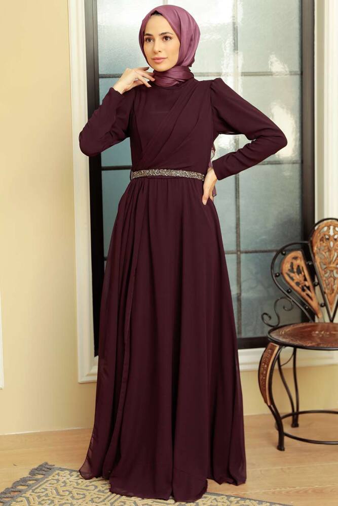 Neva Style - Plus Size Plum Color Islamic Long Sleeve Dress 5737MU - 1