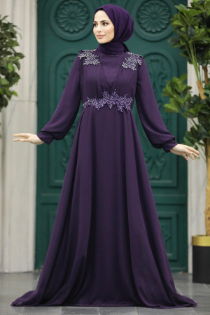 Neva Style - Plus Size Plum Color Modest Islamic Clothing Evening Dress 22113MU - Thumbnail