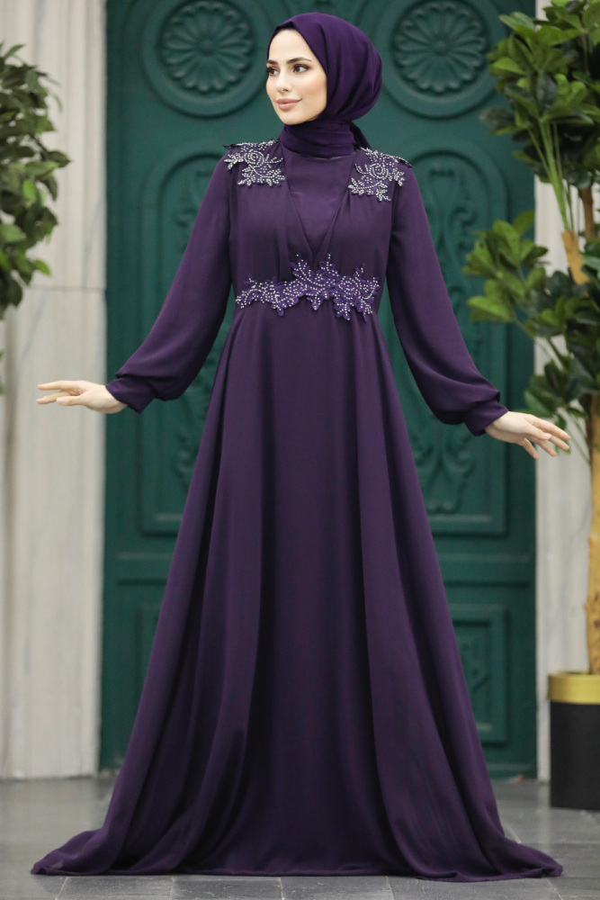 Plus Size Plum Color Modest Islamic Clothing Evening Dress 22113MU - 2