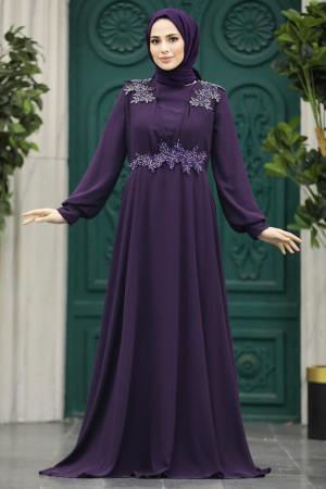Plus Size Plum Color Modest Islamic Clothing Evening Dress 22113MU - 1