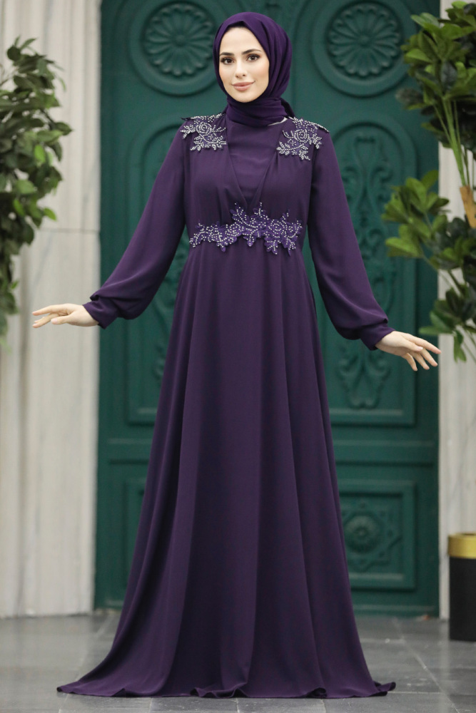 Plus Size Plum Color Modest Islamic Clothing Evening Dress 22113MU - 1