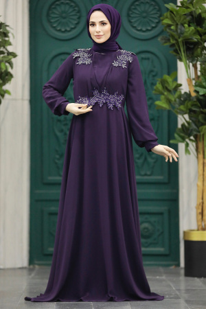 Neva Style - Plus Size Plum Color Modest Islamic Clothing Evening Dress 22113MU - Thumbnail