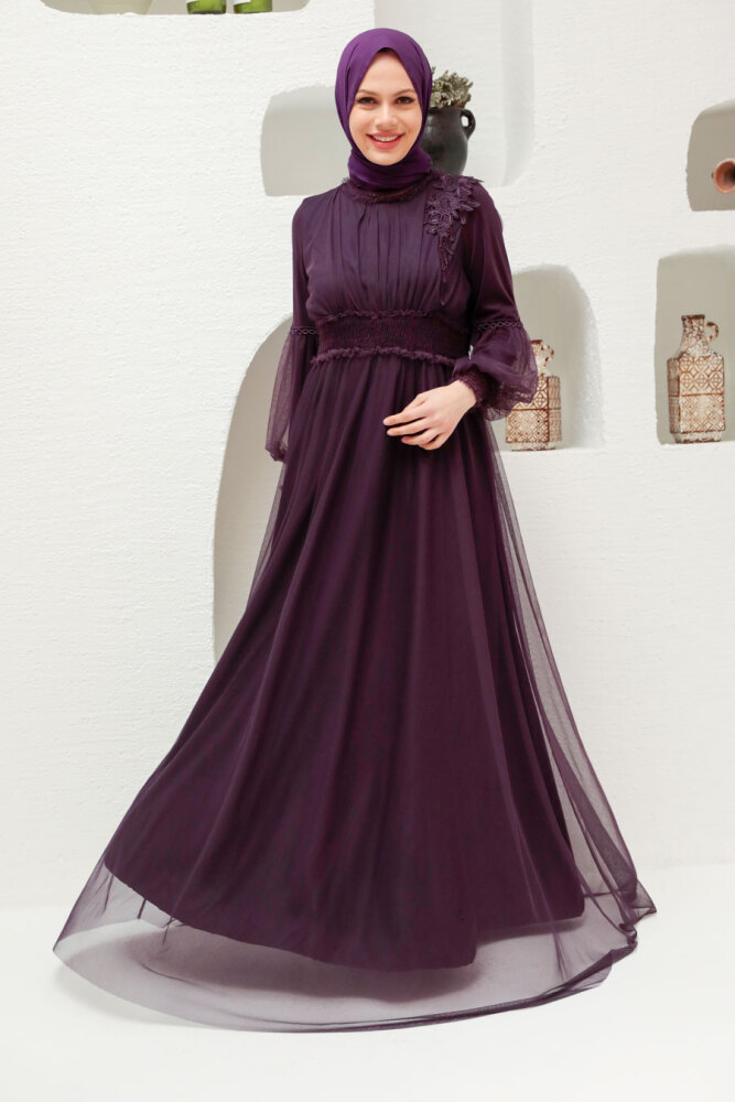 Neva Style - Plus Size Plum Color Modest Islamic Clothing Prom Dress 56520MU - 1
