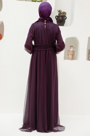 Neva Style - Plus Size Plum Color Modest Islamic Clothing Prom Dress 56520MU - Thumbnail