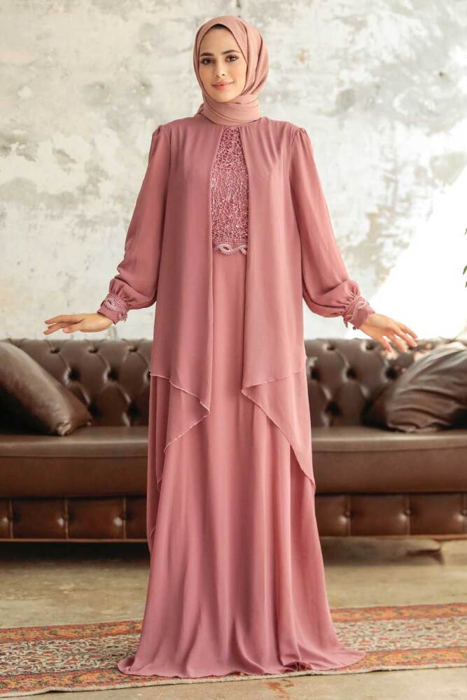 Neva Style - Plus Size Powder Pink Islamic Evening Dress 25765PD - 1
