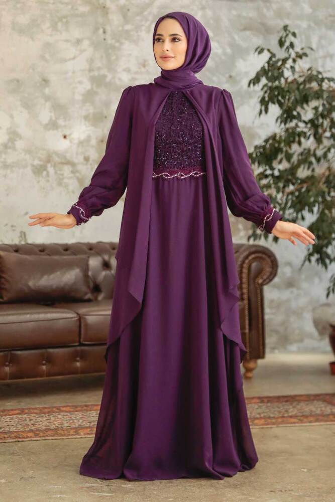 Neva Style - Plus Size Purple Islamic Evening Dress 25765MOR - 2