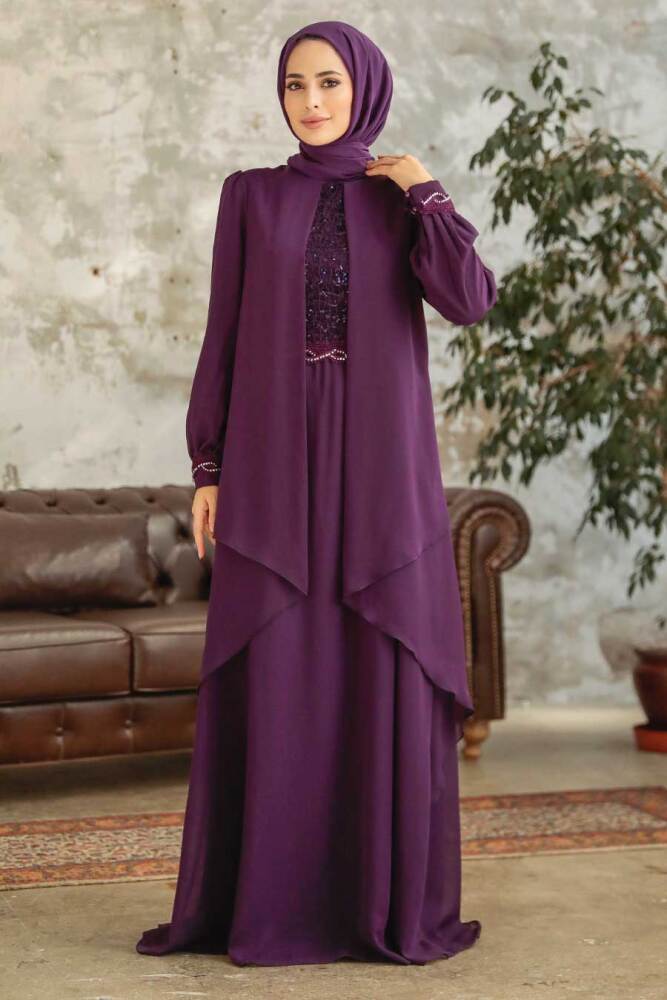 Neva Style - Plus Size Purple Islamic Evening Dress 25765MOR - 1