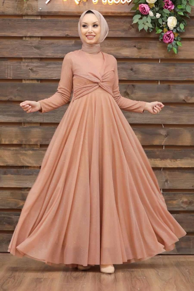 Neva Style - Plus Size Salmon Pink Islamic Clothing Evening Dress 5397SMN - 1