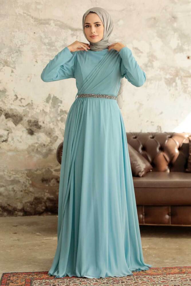 Neva Style - Plus Size Turqouse Islamic Long Sleeve Dress 5737TR - 1