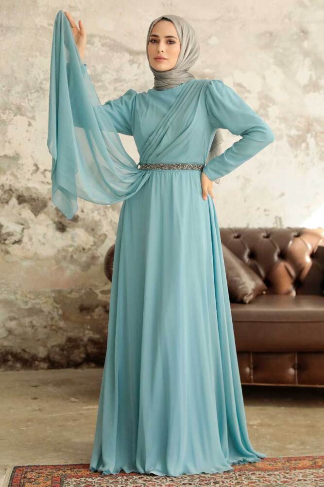 Neva Style - Plus Size Turqouse Islamic Long Sleeve Dress 5737TR - 2