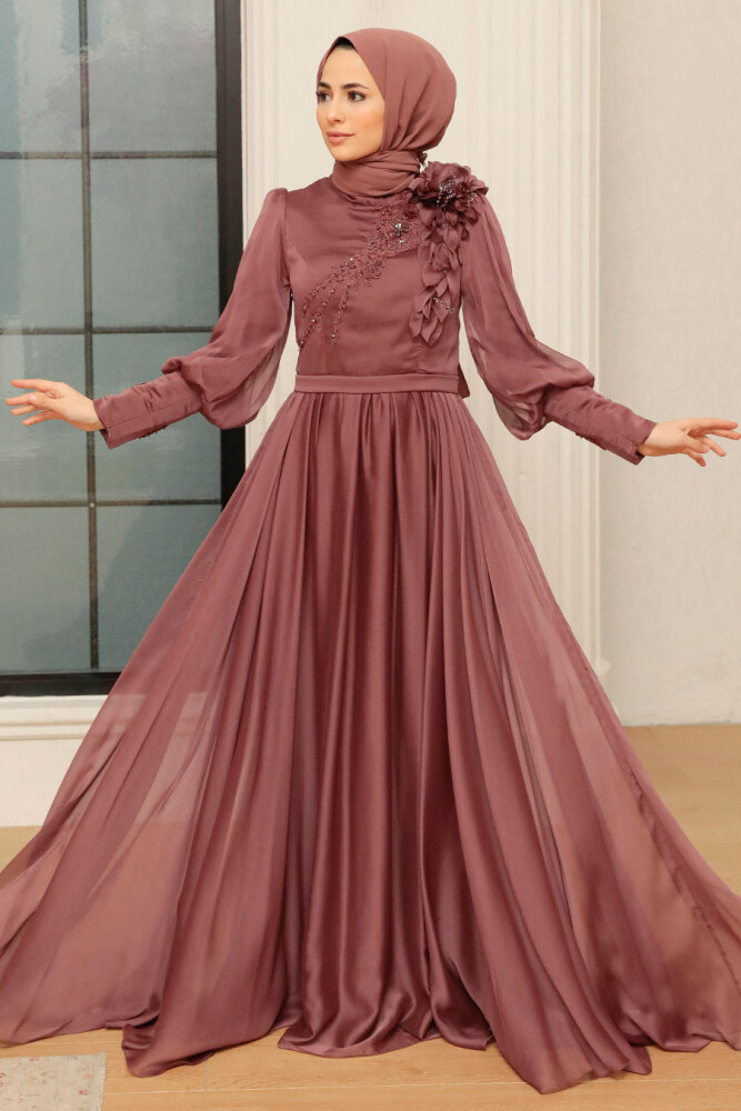 Neva Style - Brown Turkish Hijab Evening Gown 21960KH - 1