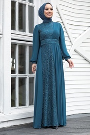 Neva Style - Plus Size İndigo Blue Muslim Evening Gown 5408IM - Thumbnail