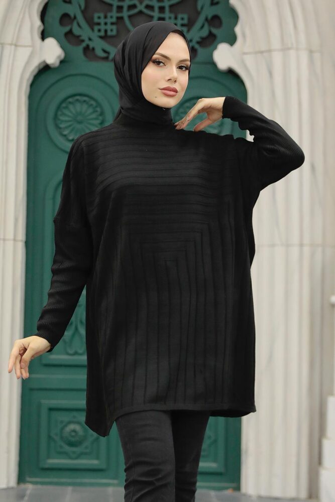 Neva Style - Poncho Tricot Hijab Noir 3404S - 1