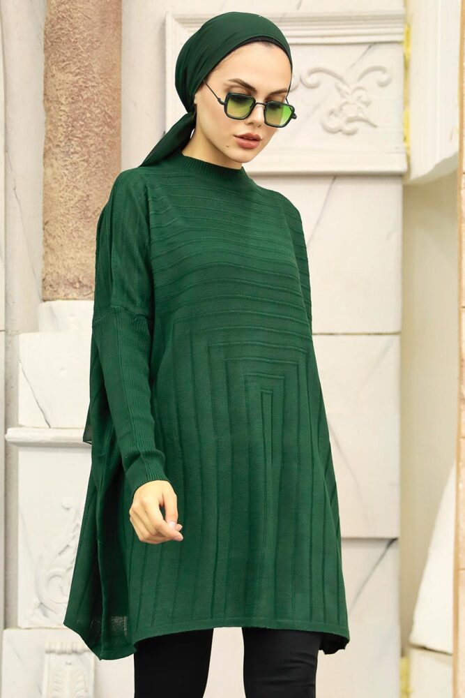 Neva Style - Poncho Tricot Hijab Vert Émeraude 3404ZY - 1