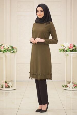 Neva Style - Ponpon Detaylı Haki Tesettür Tunik 52040HK - 1