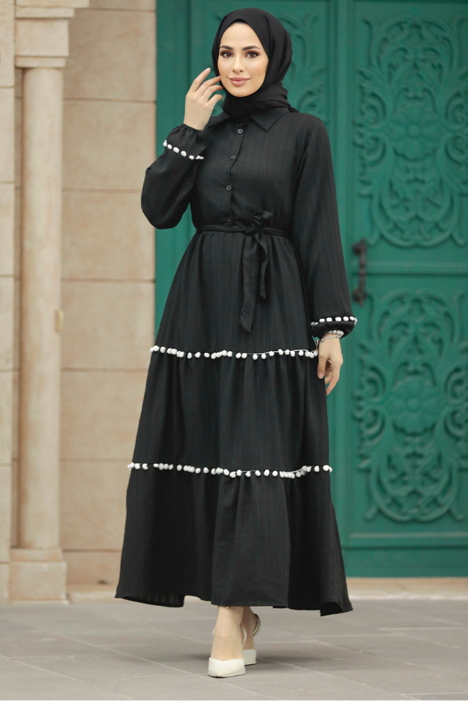 Neva Style - Ponpon Detaylı Siyah Tesettür Elbise 5907S - 1