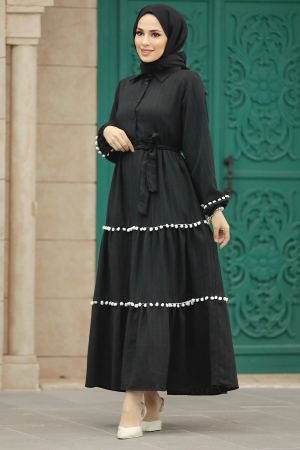 Neva Style - Ponpon Detaylı Siyah Tesettür Elbise 5907S - 2