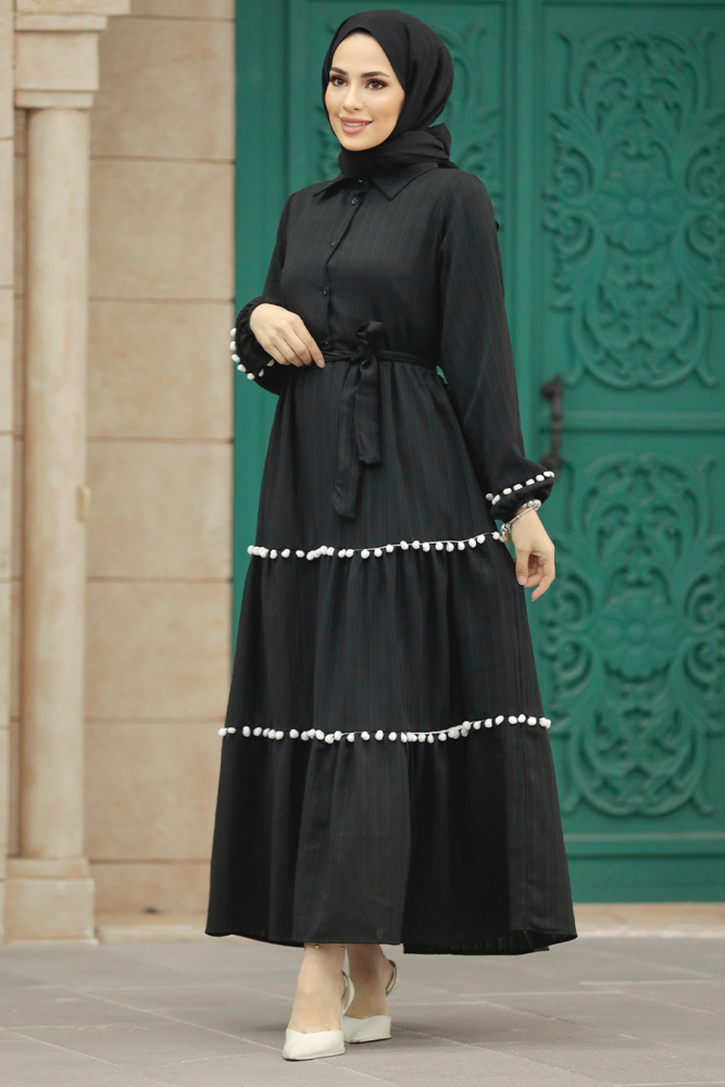 Neva Style - Ponpon Detaylı Siyah Tesettür Elbise 5907S - 2