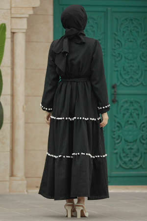Neva Style - Ponpon Detaylı Siyah Tesettür Elbise 5907S - 3