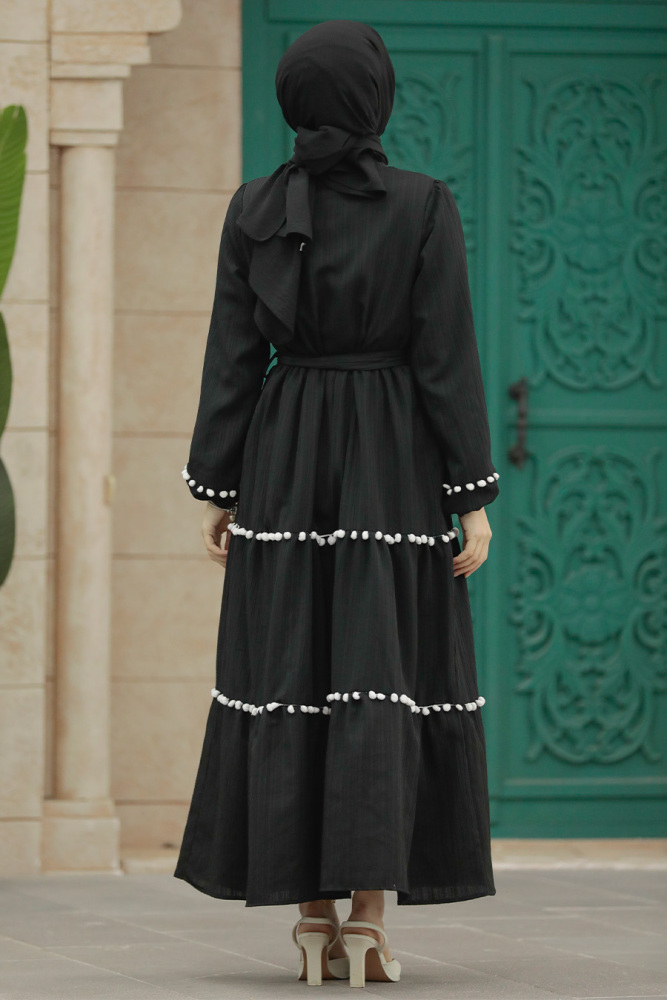 Neva Style - Ponpon Detaylı Siyah Tesettür Elbise 5907S - 3