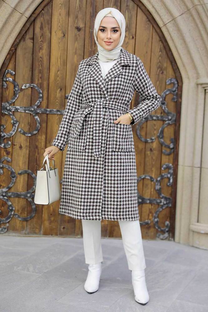 Neva Style - Pötikare Kahverengi Tesettür Kaşe Kaban 2341KH - NEVA STYLE