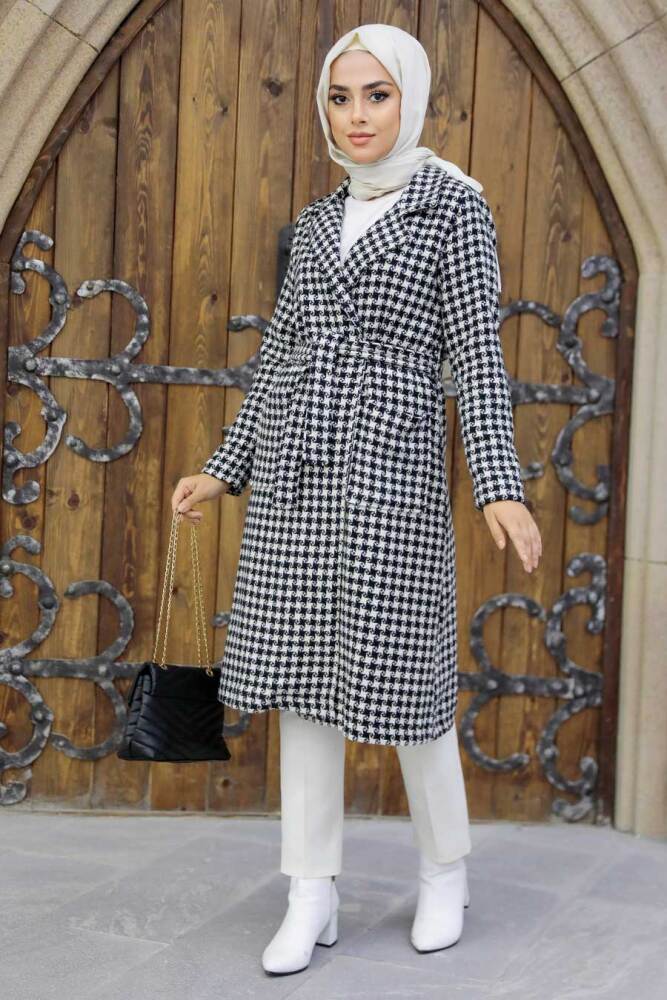 Neva Style - Pötikare Siyah Tesettür Kaşe Kaban 2341S - NEVA STYLE