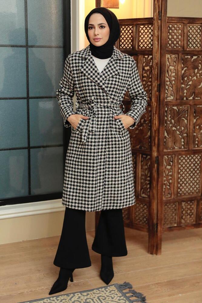 Neva Style - Pötikare Siyah Tesettür Kaşe Kaban 7198S - NEVA STYLE