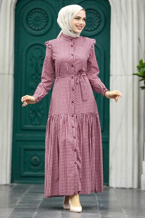  Pötikareli Bordo Tesettür Elbise 27310BR - 1