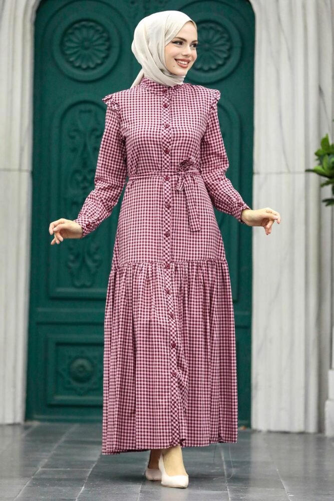  Pötikareli Bordo Tesettür Elbise 27310BR - 1