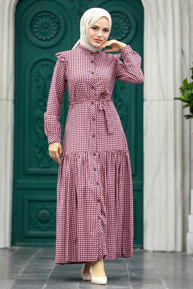  Pötikareli Bordo Tesettür Elbise 27310BR - 2
