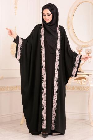 Boncuk Detaylı Pudra Tesettür Abaya 9595PD - 1