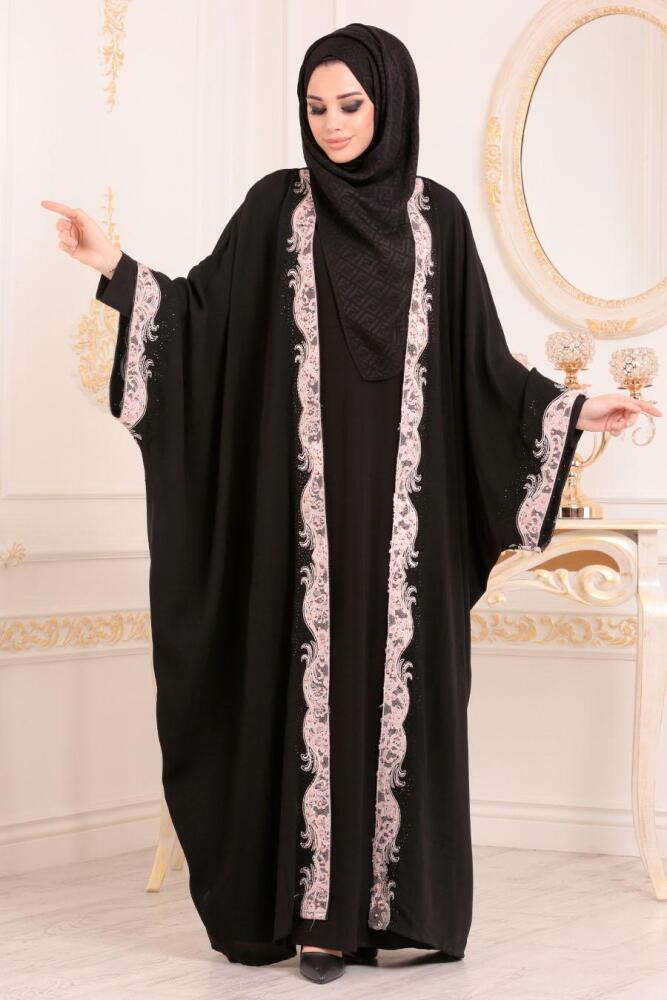 Boncuk Detaylı Pudra Tesettür Abaya 9595PD - 1