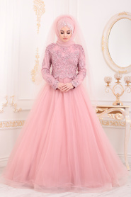 Aplikeli Prenses Model Pudra Tesettür Abiye Elbise 4702PD - Thumbnail