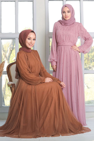 Neva Style - Powder Pink Hijab Evening Dress 50080PD - Thumbnail