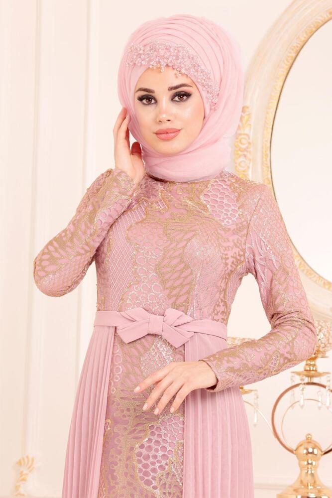 Beli Fiyonklu Pudra Tesettür Abiye Elbise 8384PD - 2