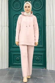 Neva Style - Powder Pink Hijab Knitwear Double Suit 25030PD - Thumbnail
