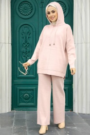 Neva Style - Powder Pink Hijab Knitwear Double Suit 25030PD - Thumbnail