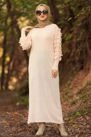 Neva Style - Powder Pink Hijab Knitwear Dress 1020PD - 1