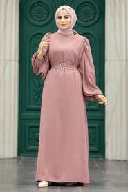 Neva Style - Powder Pink Hijab Turkish Dress 5866PD - Thumbnail