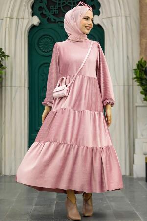 Powder Pink Hijab Velvet Dress 1286PD - 1