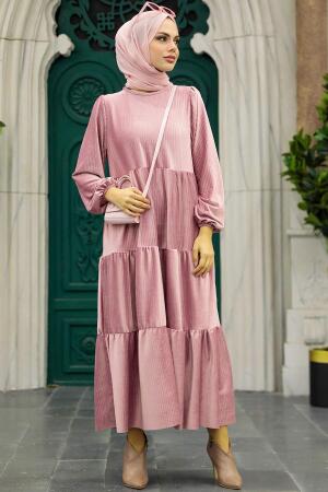 Powder Pink Hijab Velvet Dress 1286PD - 2