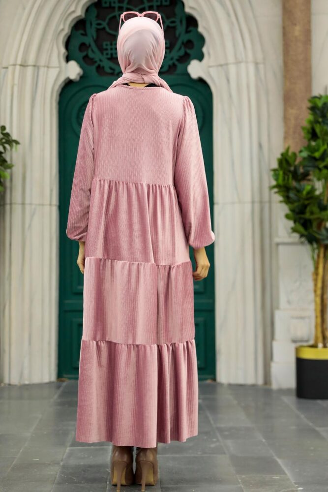 Powder Pink Hijab Velvet Dress 1286PD - 3