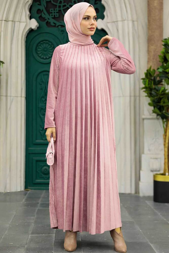 Powder Pink Hijab Velvet Dress 1287PD - 2